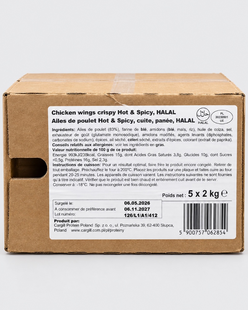 Ailes de poulet hot&spicy, cuite, panée, Halal 5 X 2KG